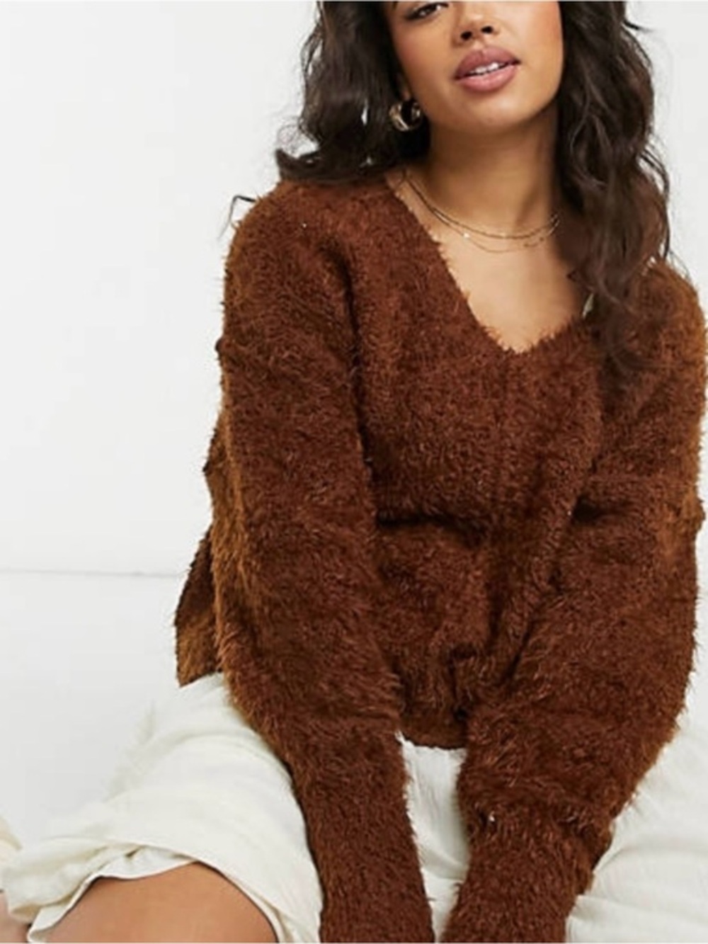 Free People Icing V-Neck Pullover Sweater in Mocha Java sz S
